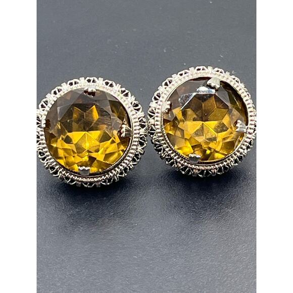 Accessocraft NYC Signed Vintage Prong Rhinestone Topaz Brown Screw Back Earrings - Picture 7 of 8